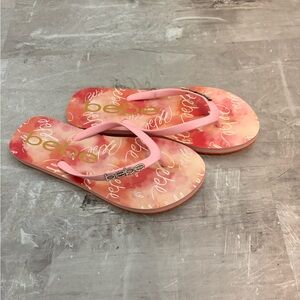 Bebe Pink Script Flip Flops with Rhinestone Accent